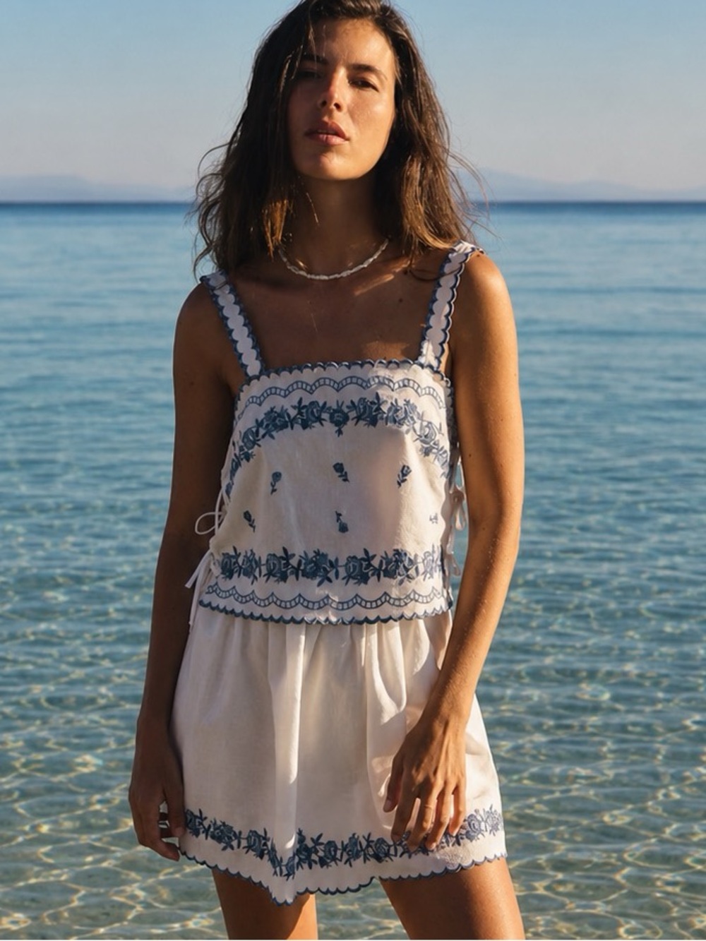 Sézane Sabyna Top Noam Skirt Set Ecru Blue Embroidered Cotton FR 36 US 4
